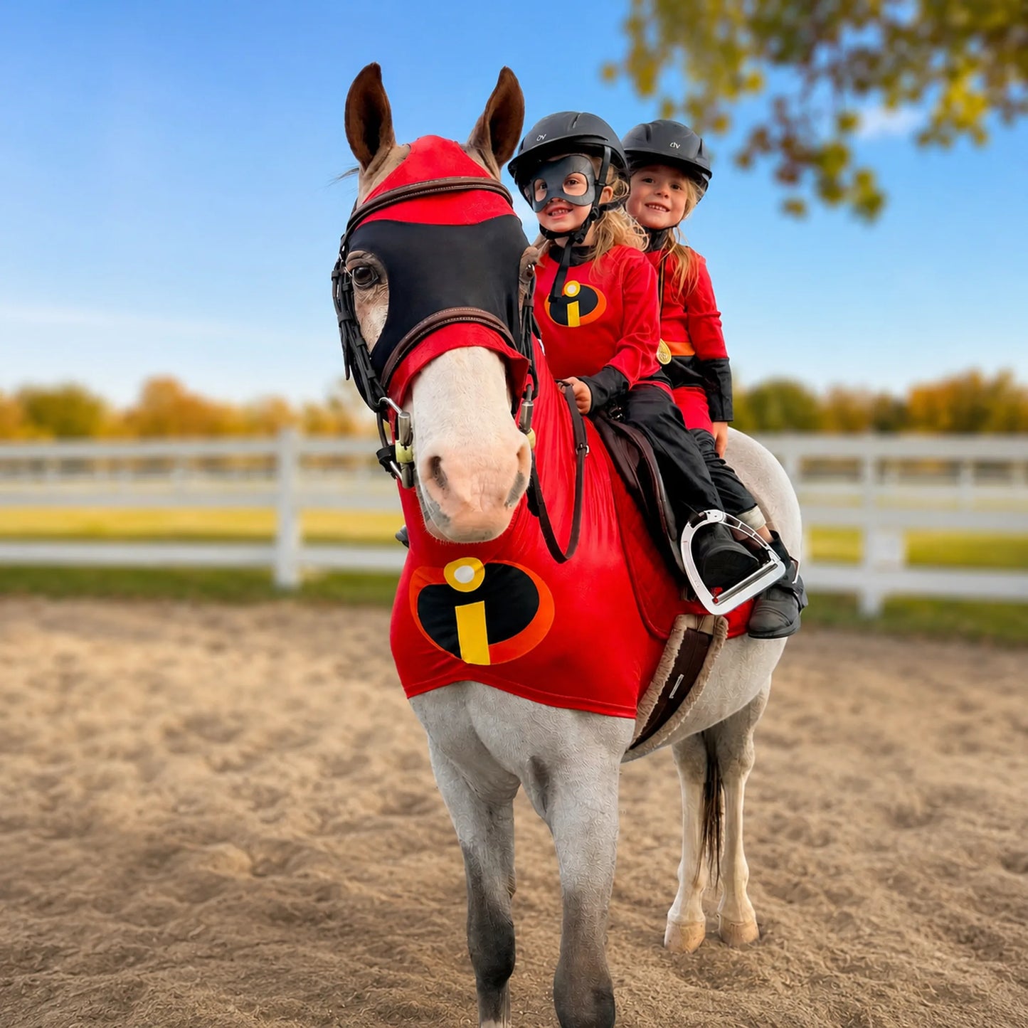superhero costume increadibles horse costume sleazy riding a horse in an outdoor setting.