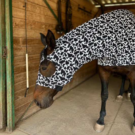 Horse wearing a black and white cow print costume hood sleazy in a stable.