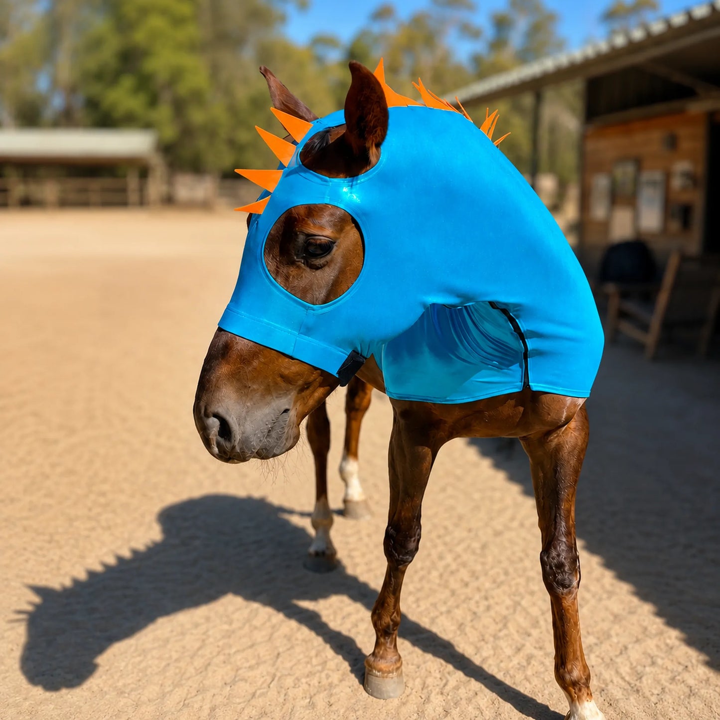 Horse wearing a metallic blue dragon costume front view with orange spikes in an outdoor setting