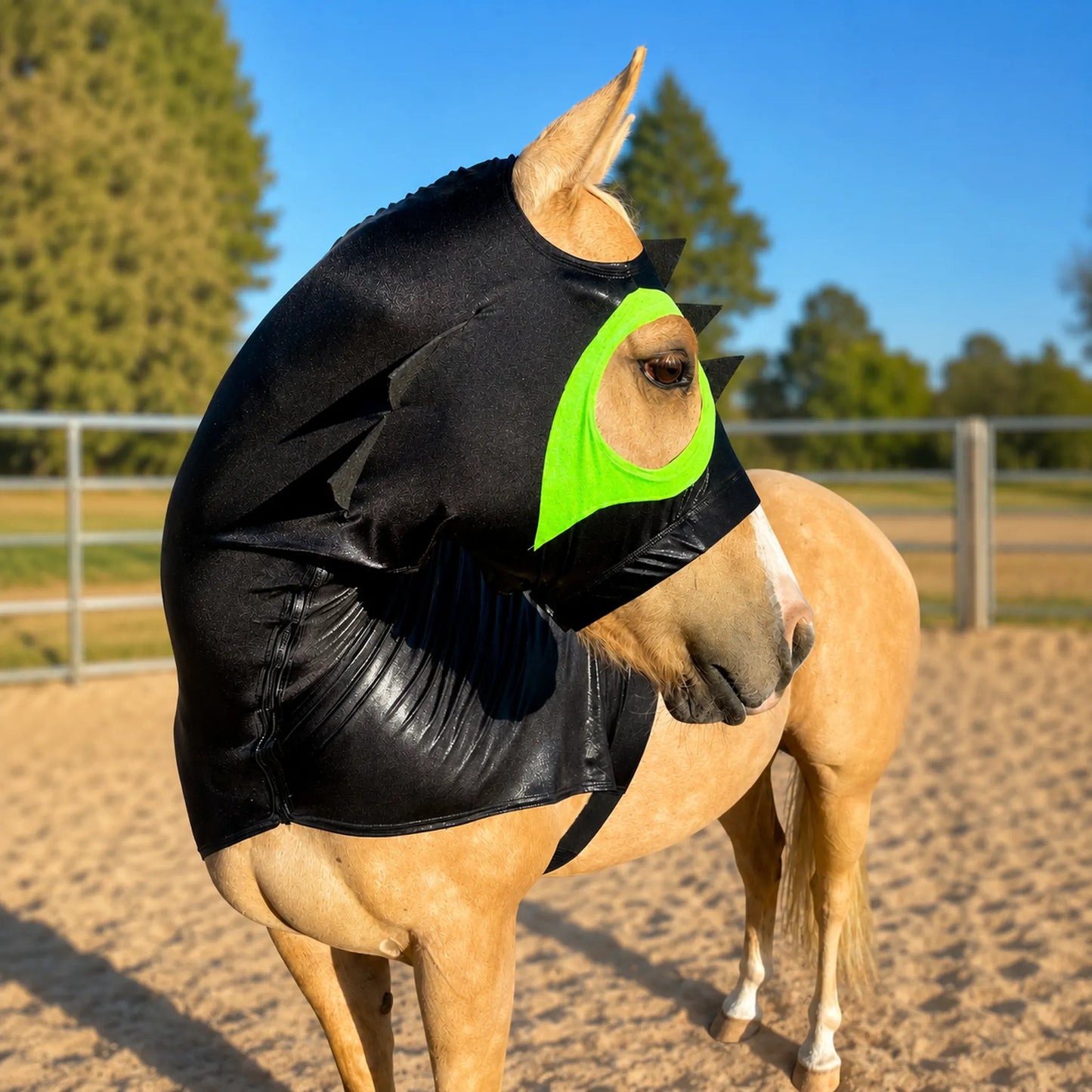 Horse wearing a black how to train your dragon costume with green accents in an outdoor setting