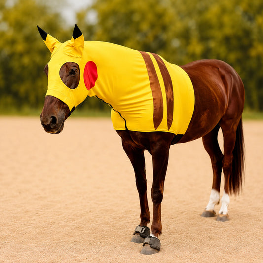 Horse wearing a yellow pikachu costume sleazy with red and brown stripes, resembling Pikachu, on a sandy ground.