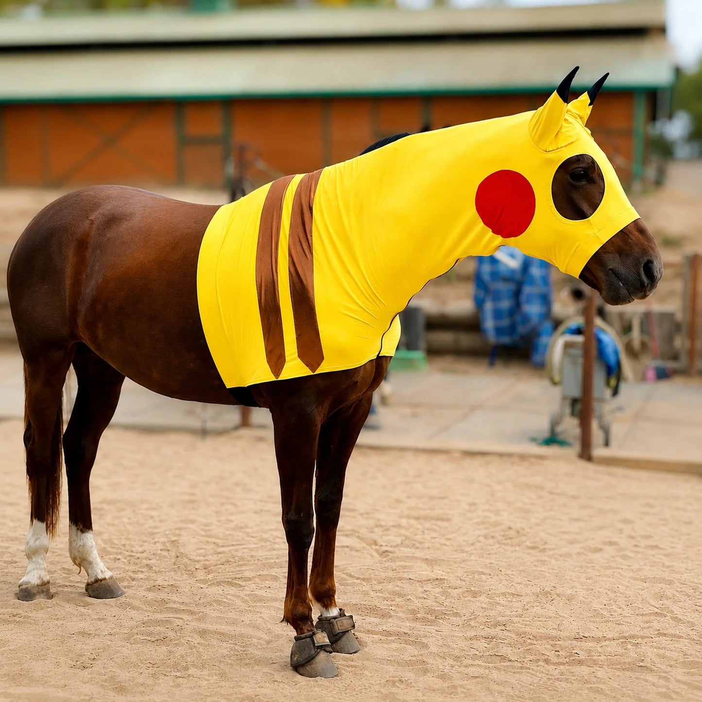 Horse wearing a yellow pikachu horse costume hood sleazy with red and black details in an outdoor setting