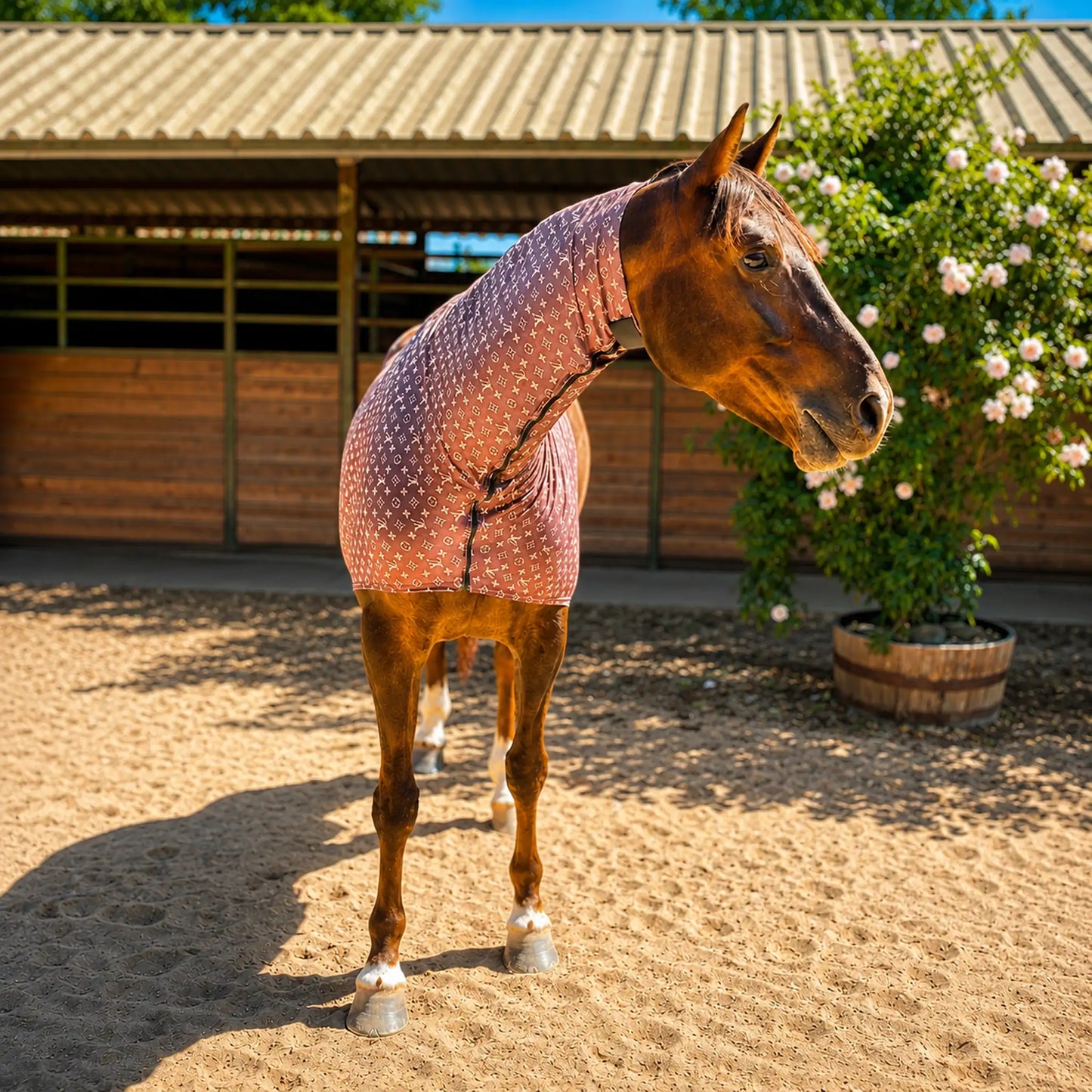 Horse wearing a LV brown faceless hood in an outdoor stable area