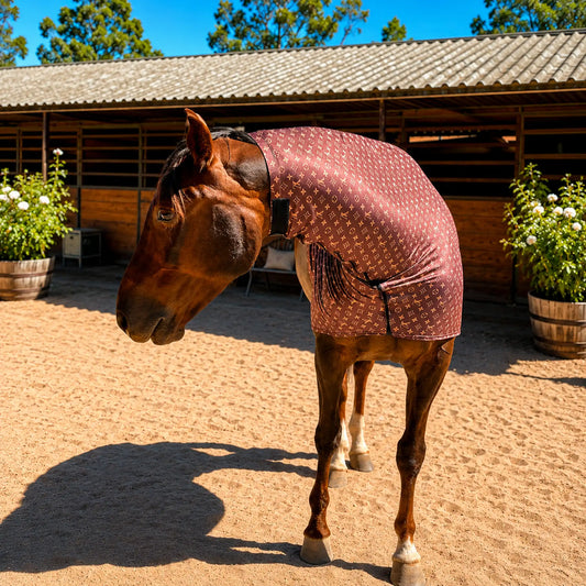 Horse wearing a LV brown faceless sleazy hood standing in front of a stable with plants around.