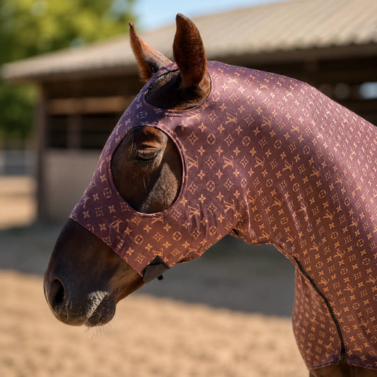A horse wearing a LV brown hood in an outdoor stable setting.