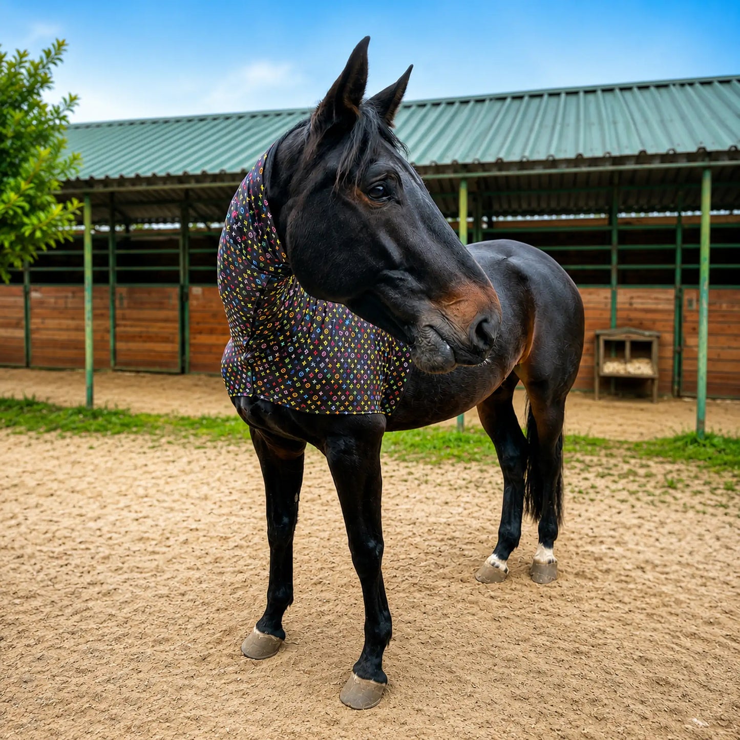 Horse wearing a LV color faceless hood sleazy standing in an outdoor stable area.
