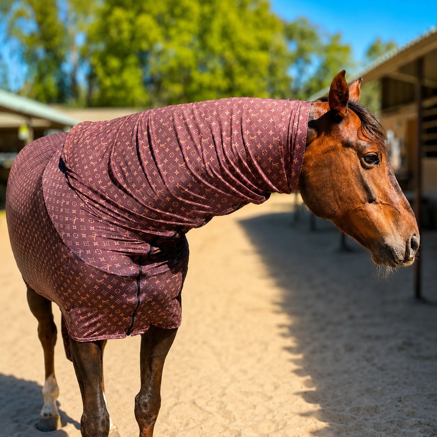 LV faceless full body sleazy horse right view in front of barn