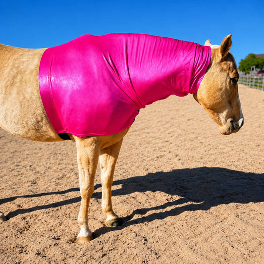 Horse wearing a bright metallic hot pink faceless hood on a sandy ground with a clear blue sky.