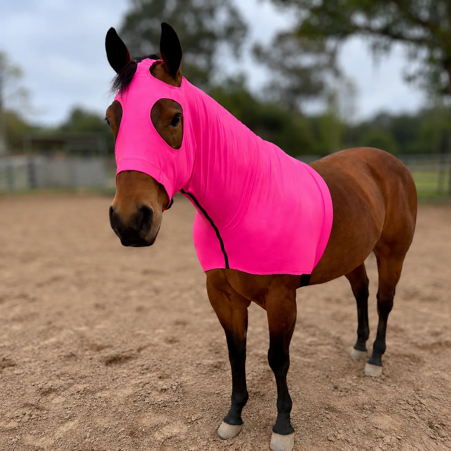 A brown horse standing in a sandy outdoor arena wearing a bright metallic hot pink hood. showing off a frontal view of the sleazy.