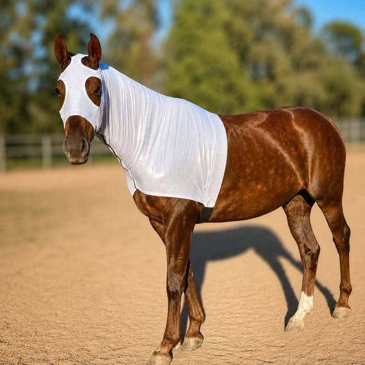 A brown horse standing in a sandy outdoor arena wearing a metallic silver hood left side view.