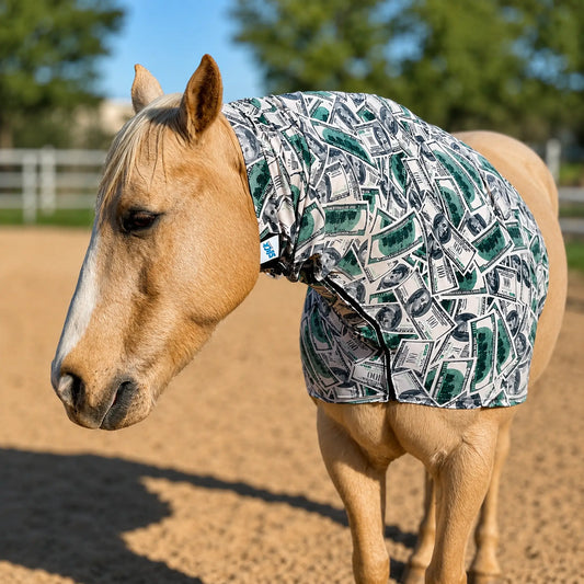Horse wearing a money faceless sleazy hood in an outdoor setting