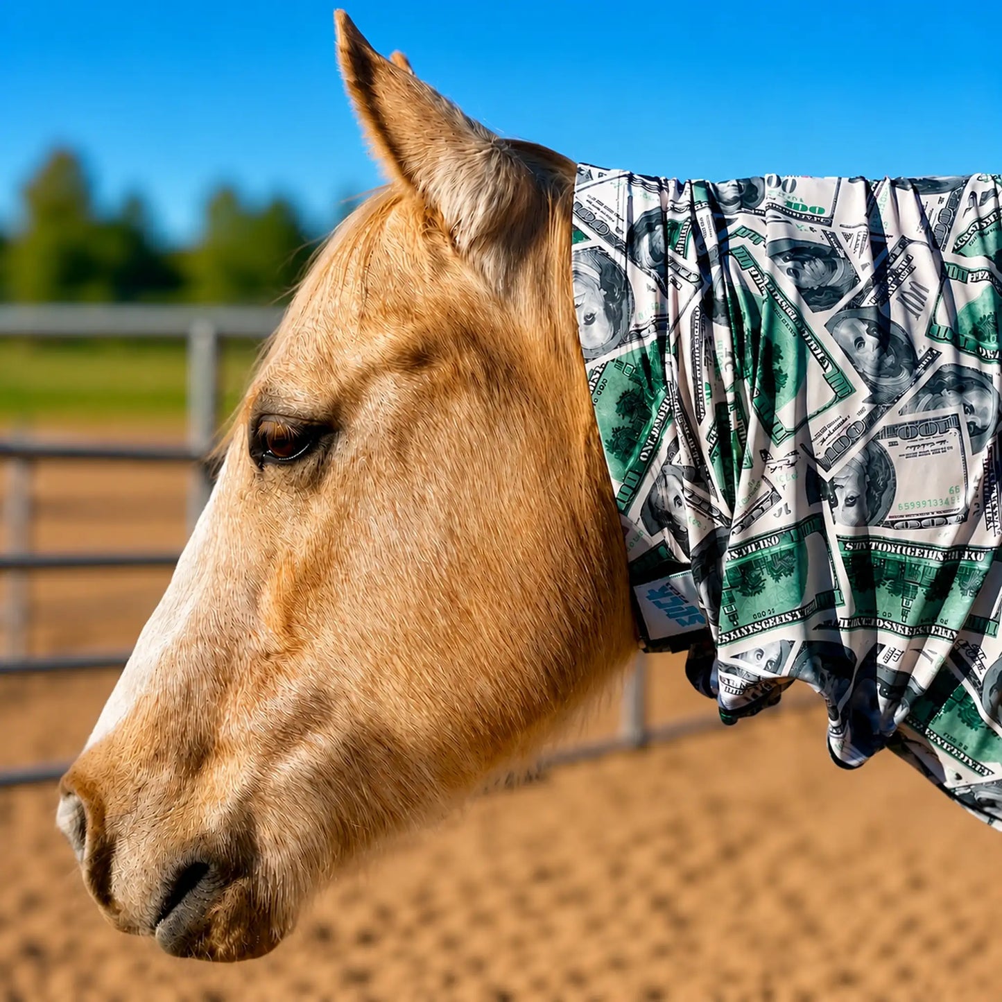 Horse wearing a money faceless hood in an outdoor setting