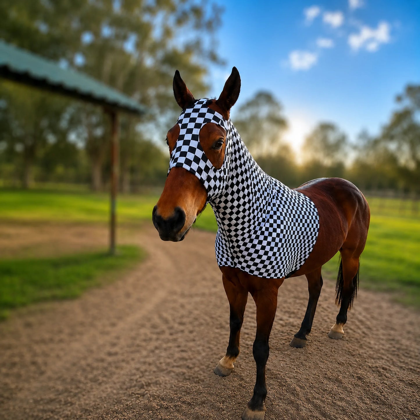 A brown horse standing on a dirt path in an outdoor arena, wearing a black-and-white checkered horse sleazy hood showing the horses front left side.