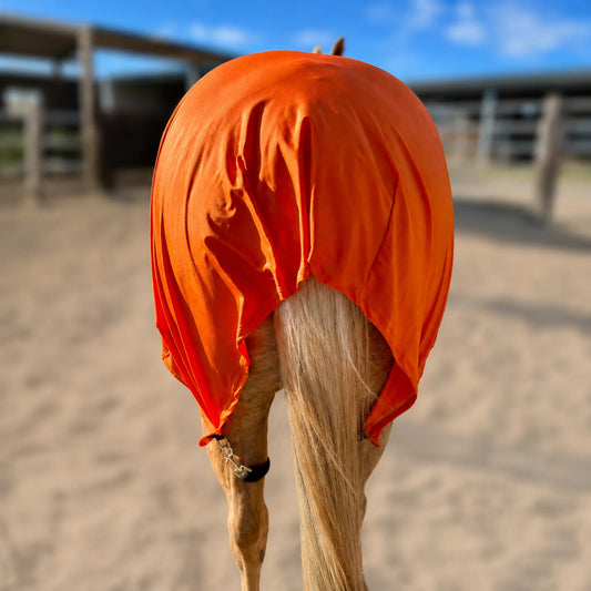 An orange faceless full body horse sleazy in an outdoor stable arena.