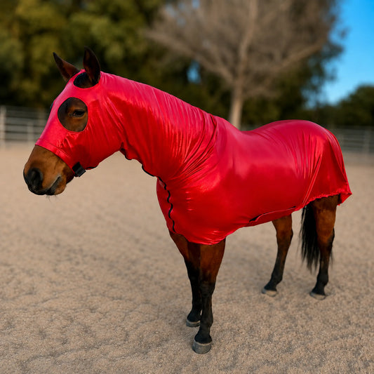 A brown horse standing in a sandy outdoor arena wearing a shiny bright metallic red full body horse sleazy.