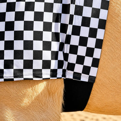 Black and white checkered faceless hood sleazy belly strap view