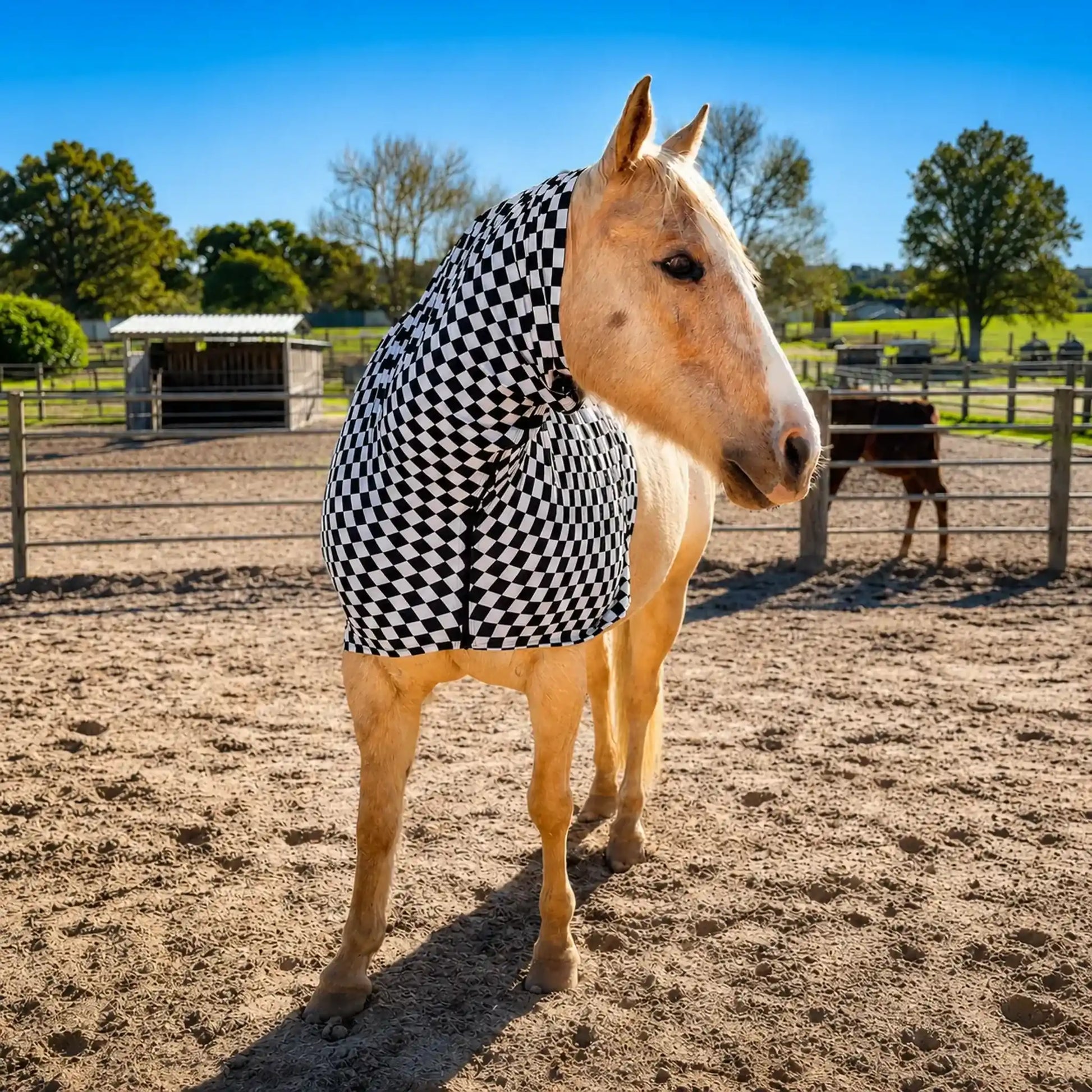 Horse wearing a black and white checkered faceless sleazy hood in an outdoor setting