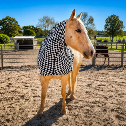 Horse wearing a black and white checkered faceless sleazy hood in an outdoor setting