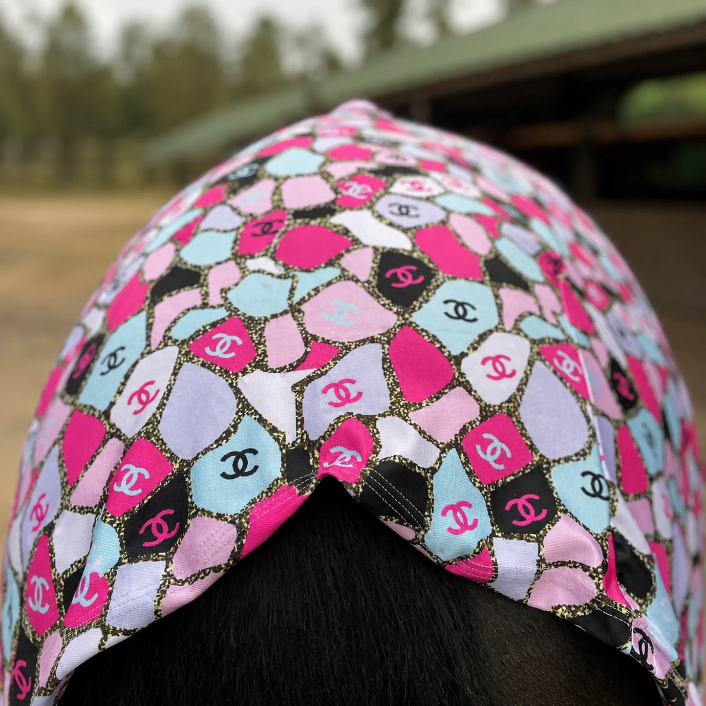 Coco pink full body sleazy horse back view showing fitment on horse