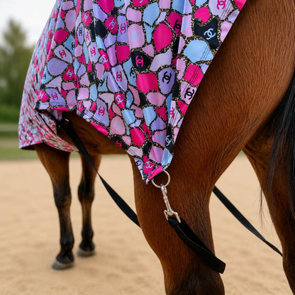 Coco pink full body sleazy horse leg strap view showing hardware and strap