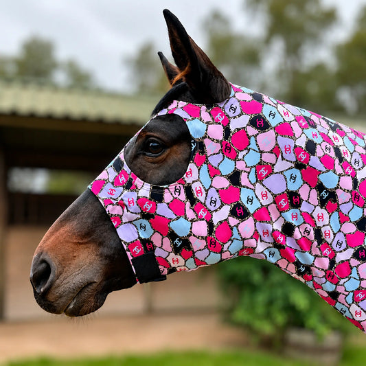 Coco pink full body sleazy horse face view showing fitment on horse
