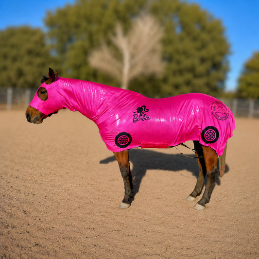 Horse wearing a bright pink costume barbie car sleazy with logos in an outdoor setting