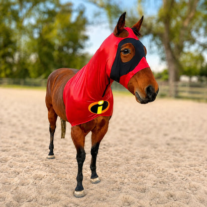 Horse wearing an incredibles metallic red hood sleazy costume with a black and yellow logo on a sandy surface.