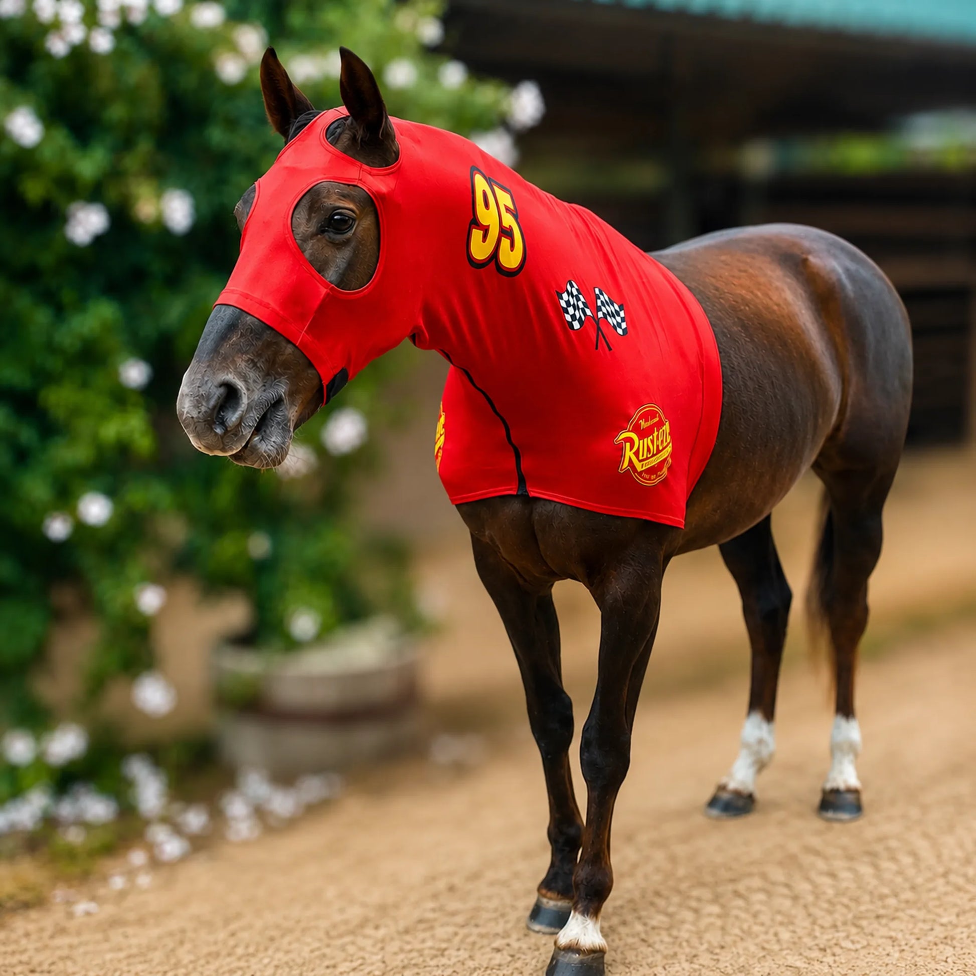 Horse wearing a red Lightning McQueen horse costume sleazy with logos and numbers, standing outdoors.