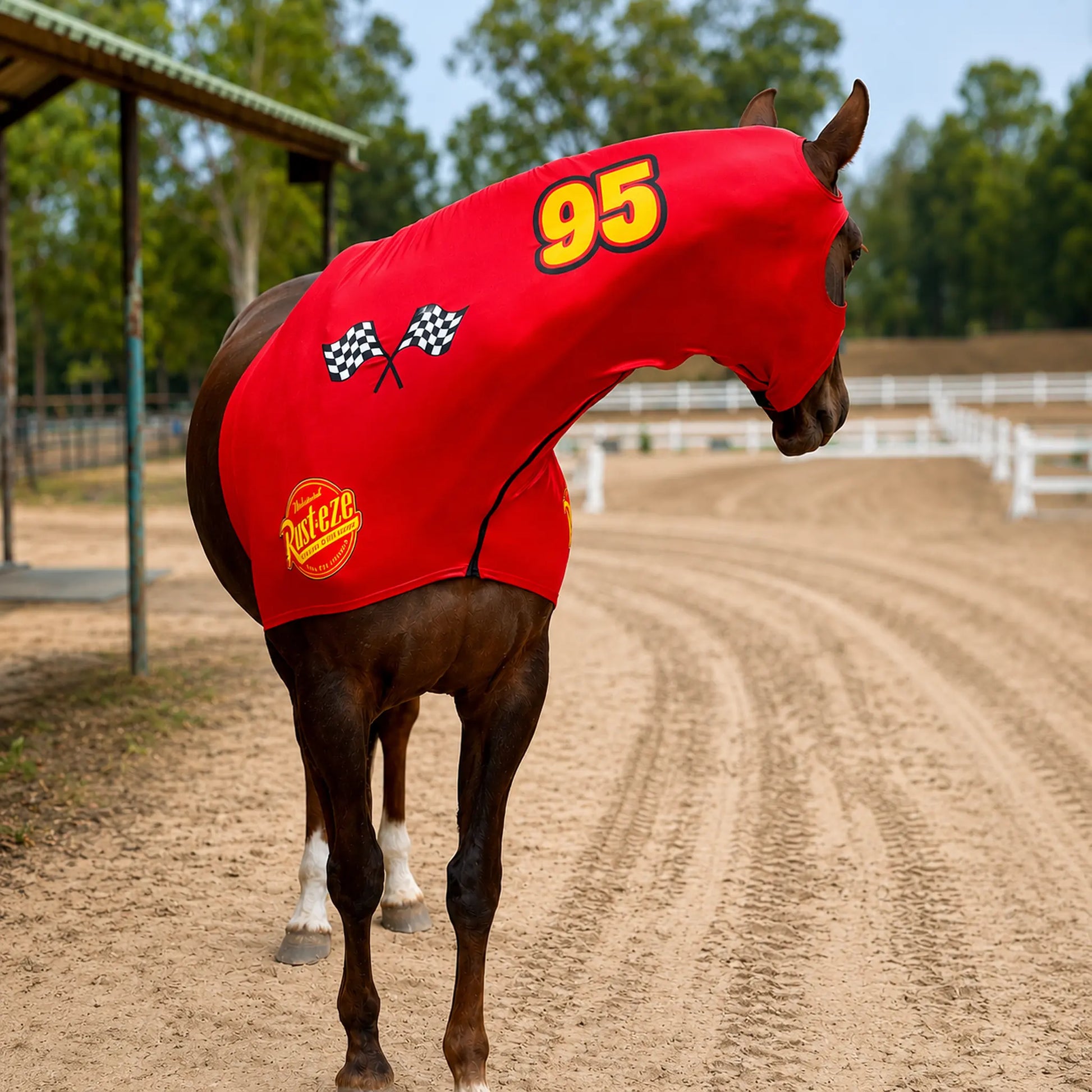 Horse wearing a red Lightning McQueen horse costume sleazy with number 95 and racing flags on a dirt track.