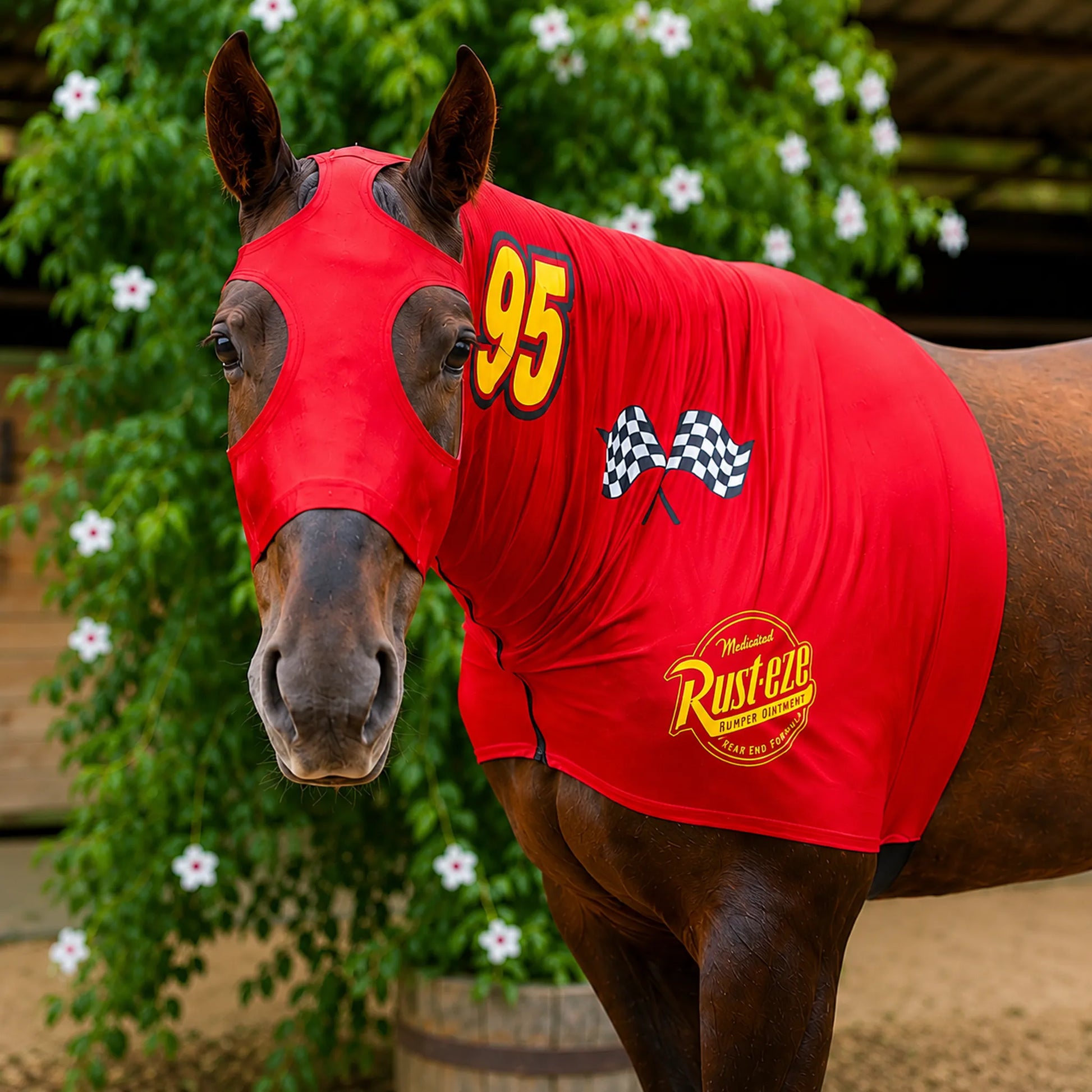 Horse wearing a red Lightning McQueen sleazy costume with number 95 and checkered pattern, standing in front of greenery.