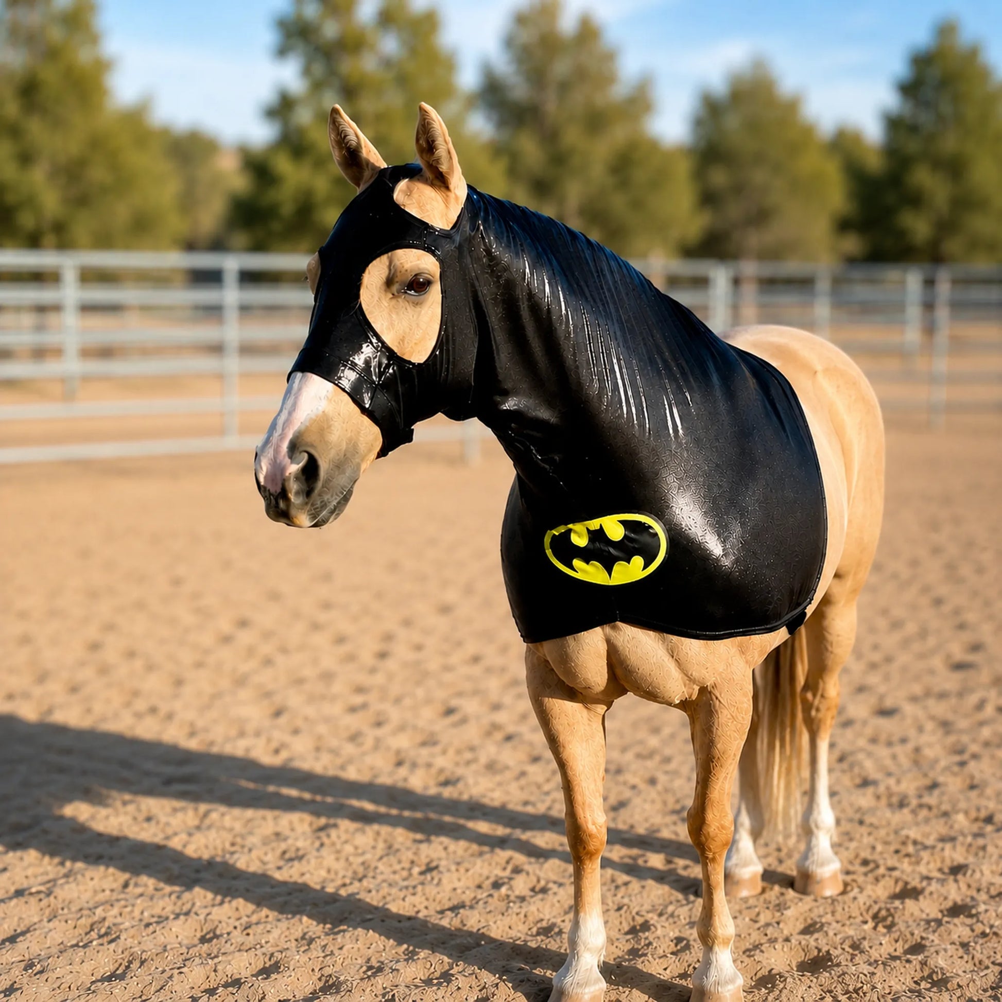 Horse wearing a black hood sleazy with a Batman logo in an outdoor setting.