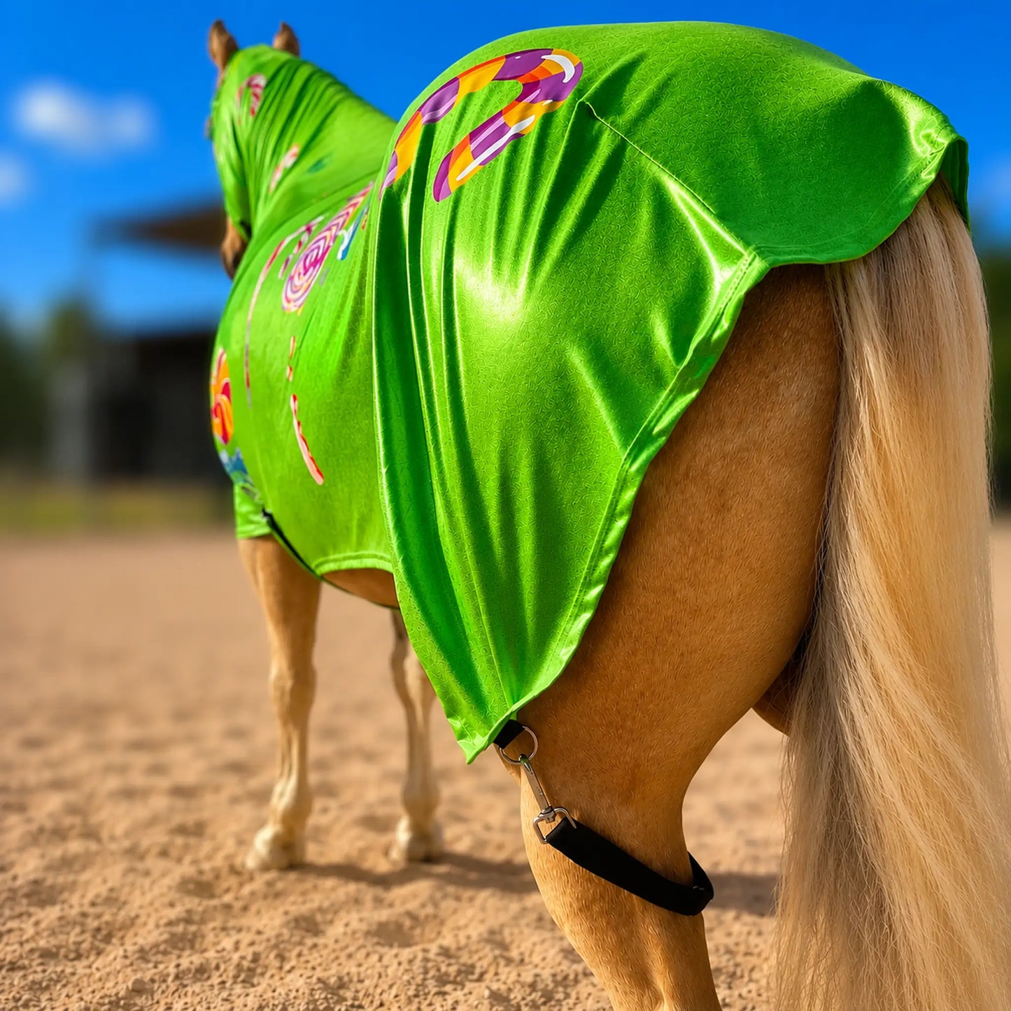 Horse wearing a metallic green candy costume sleazy with colorful patterns on a dirt ground.