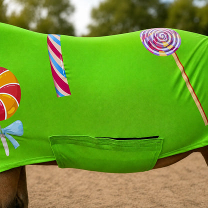 metallic Green candy horse full body sleazy close up belly with candy-themed design on a horse.