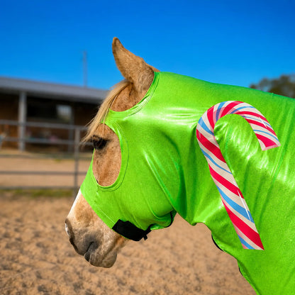 Horse wearing a metallic green candy costume sleazy with a candy cane design outdoors
