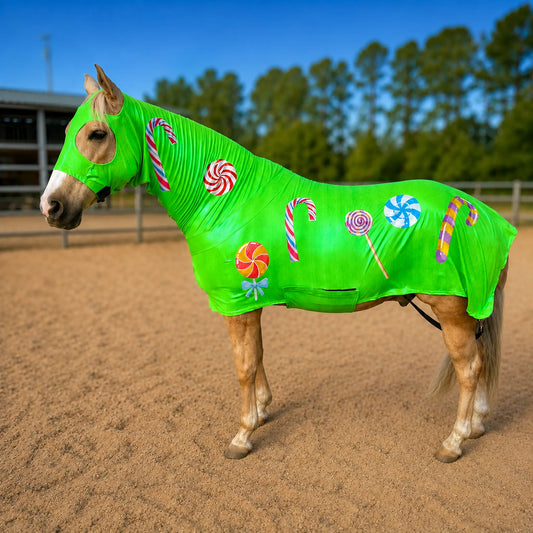 Horse wearing a metallic green candy-themed horse costume full body sleazy in an outdoor setting