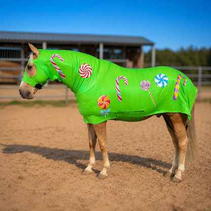 Horse wearing a metallic green candy-themed costume sleazy in an outdoor setting