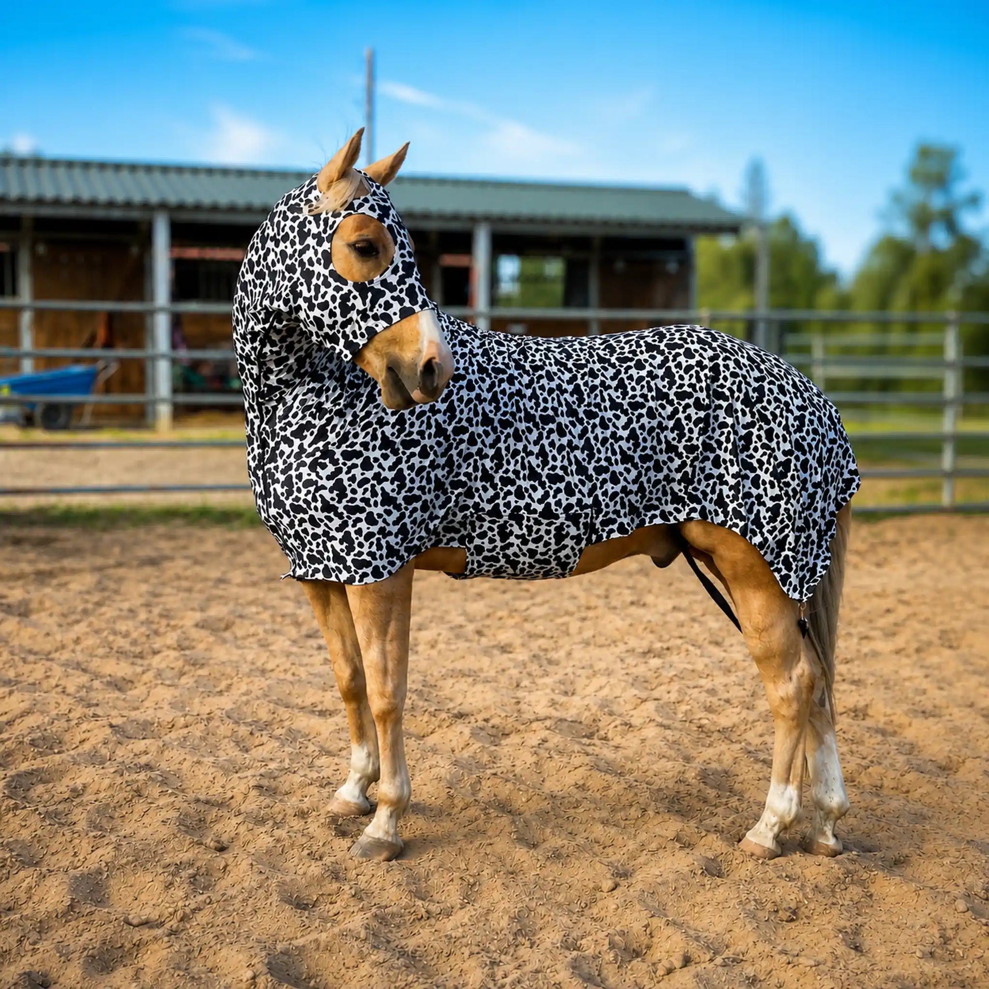 Horse wearing a cow print costume sleazy in an outdoor stable setting