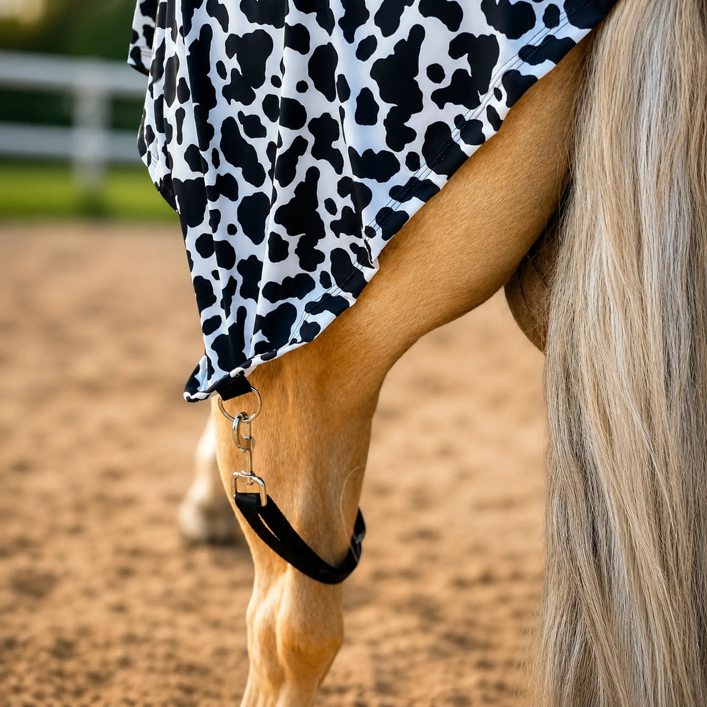Close-up of a horse's leg with a black and white cow print sleazy in an outdoor setting.