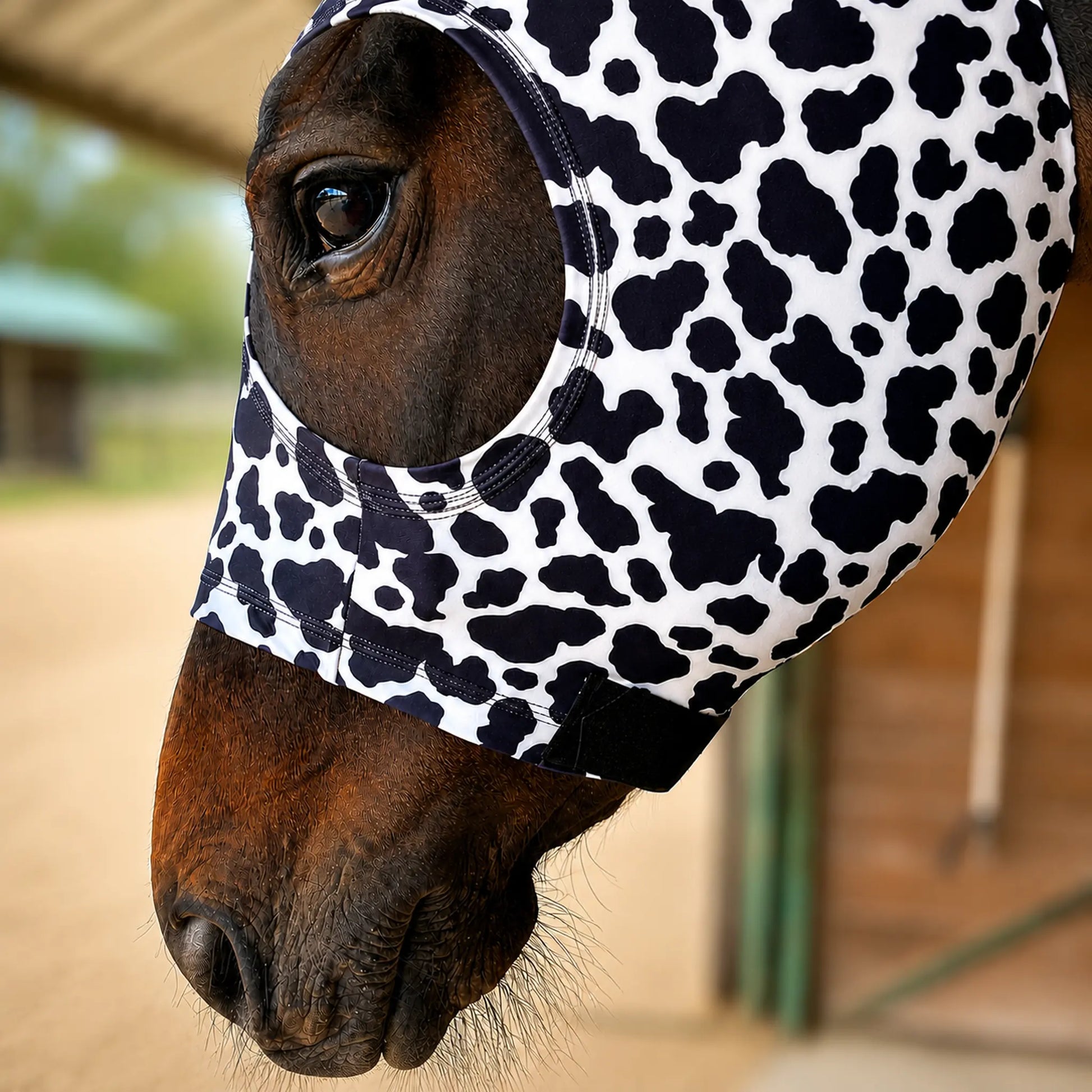 Horse wearing a black and white cow hood sleazy in an outdoor setting.