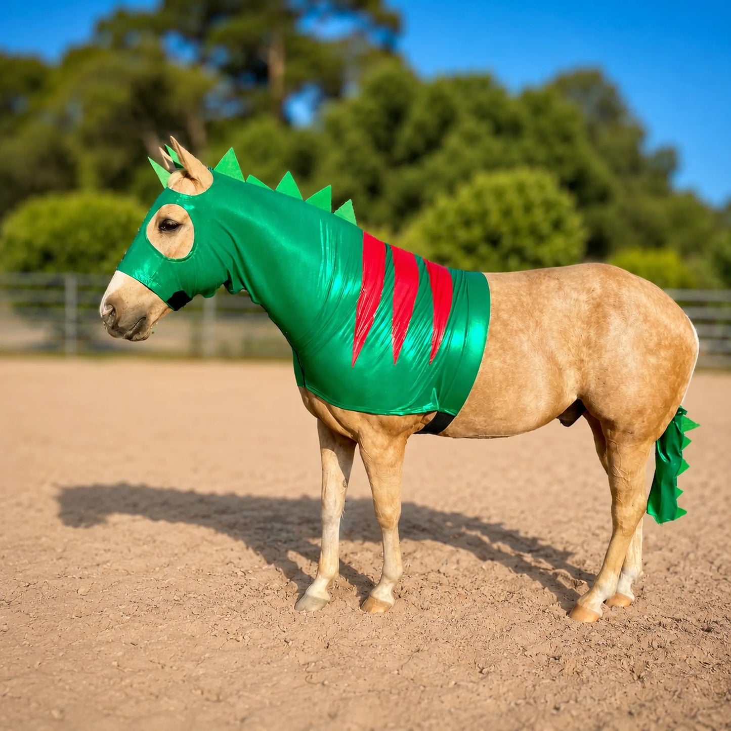 Horse wearing a green dinosaur costume sleazy with red stripes and a spiked tailbag on a dirt field.