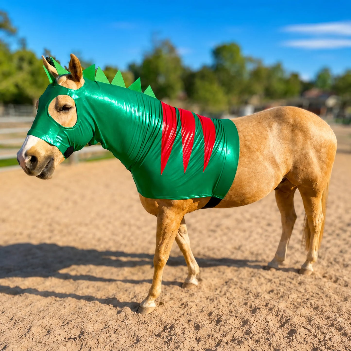 Horse wearing a green dinosaur costume sleazy on a dirt track