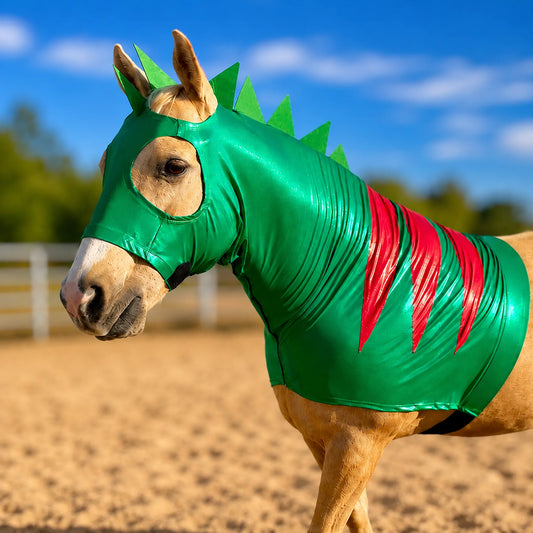 Horse wearing a green and red dinosaur with spikes costume sleazy with a blue sky background