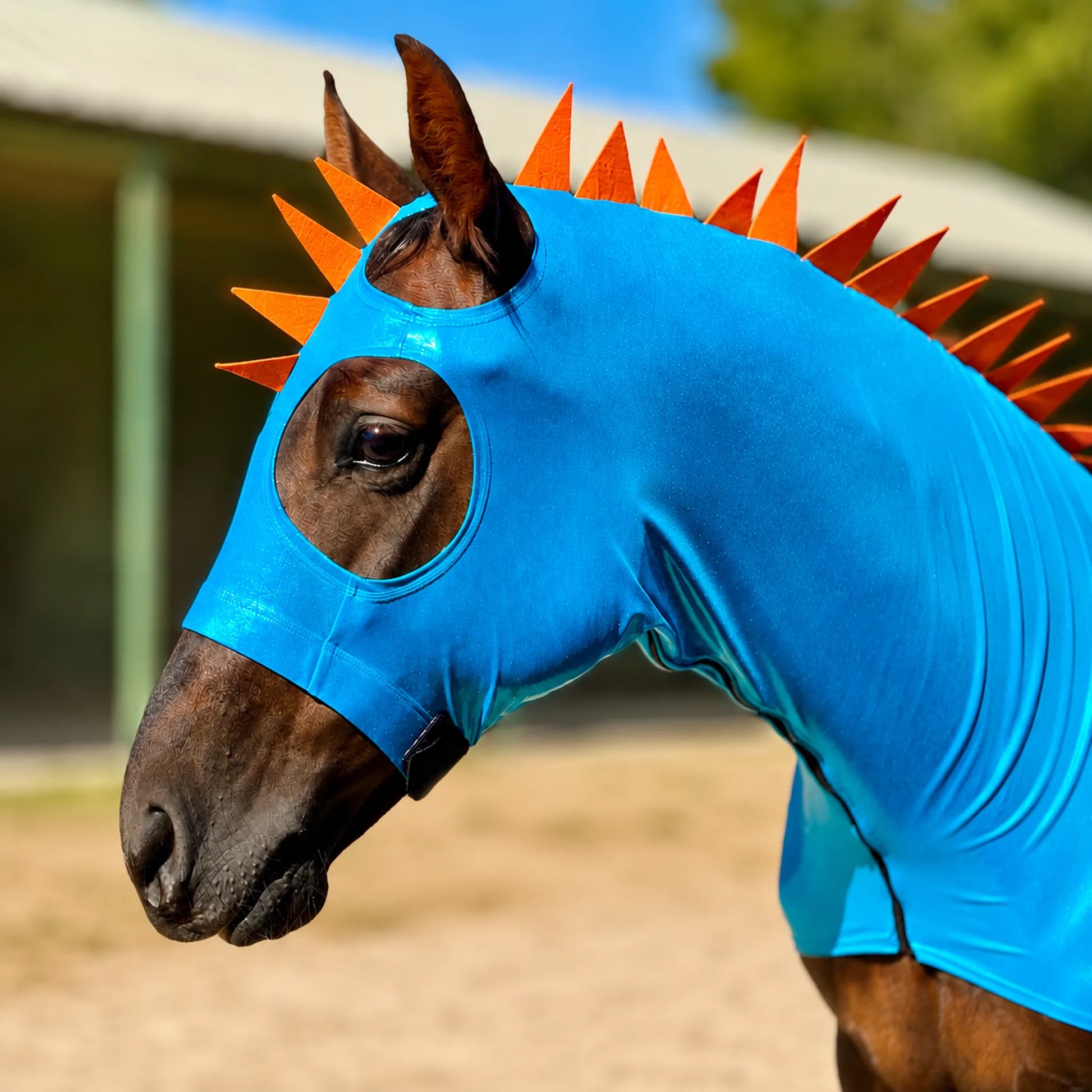 Horse wearing a metallic blue dragon horse costume with orange spikes and a matching tailbag at an outdoor setting.