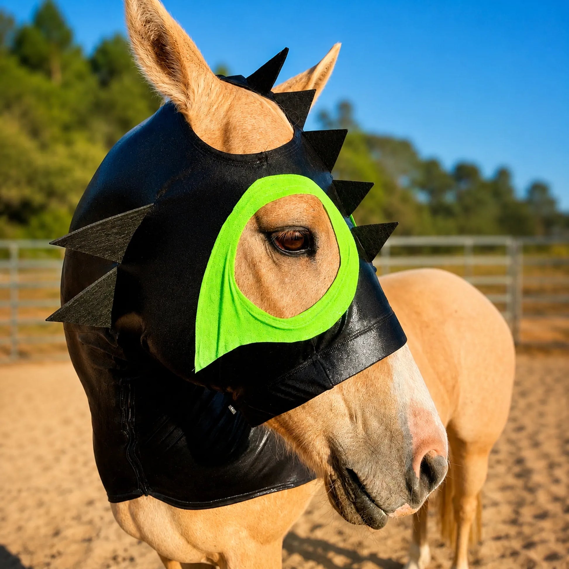 Horse wearing a black how to train your dragon costume sleazy with green eye area in an outdoor setting
