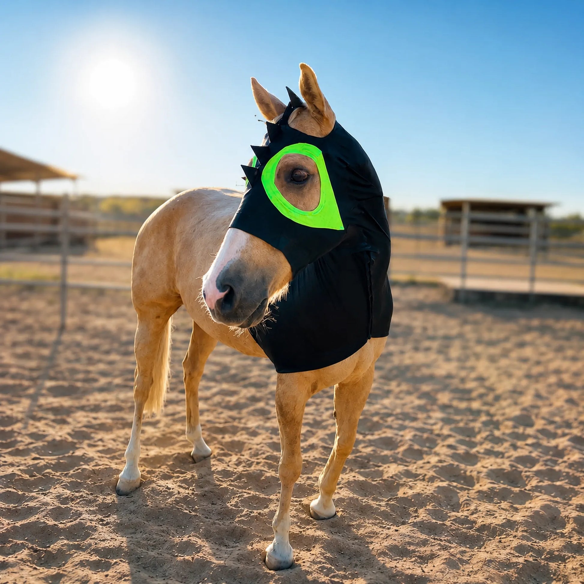 Horse wearing a black how to train your dragon costume sleazy with green eye area in an outdoor setting