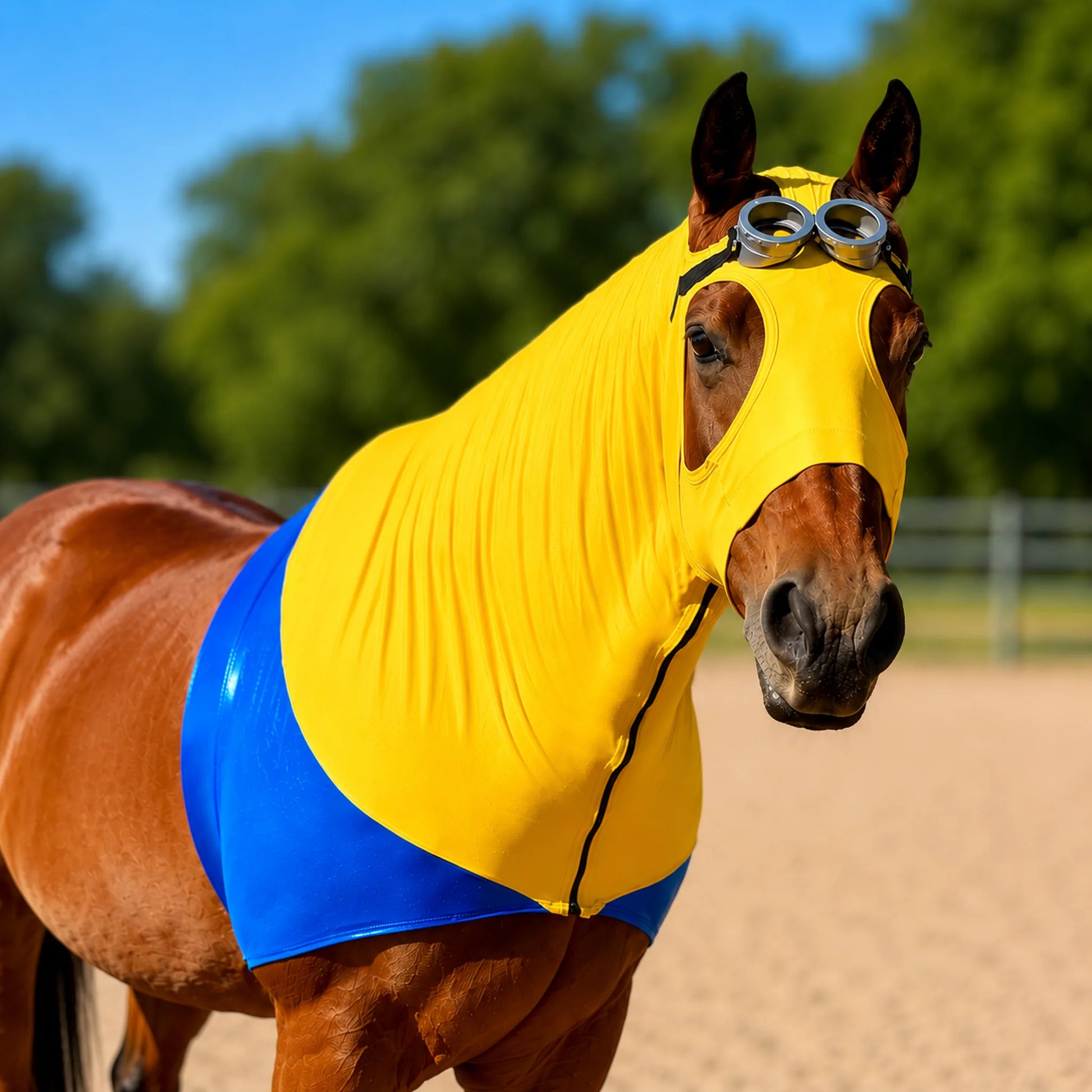 Horse wearing a yellow and blue minion costume with goggles in an outdoor setting