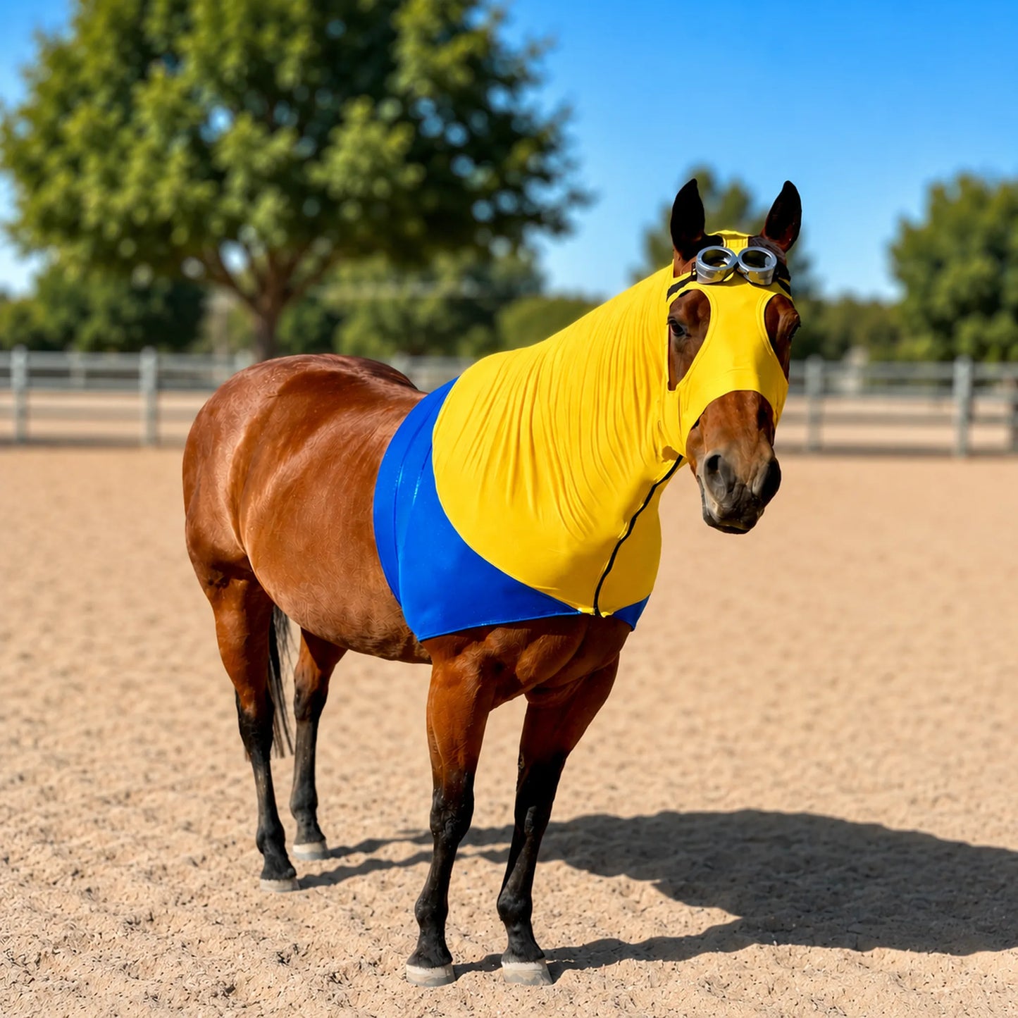 Horse wearing a minion costume yellow and blue hood sleazy in an outdoor setting