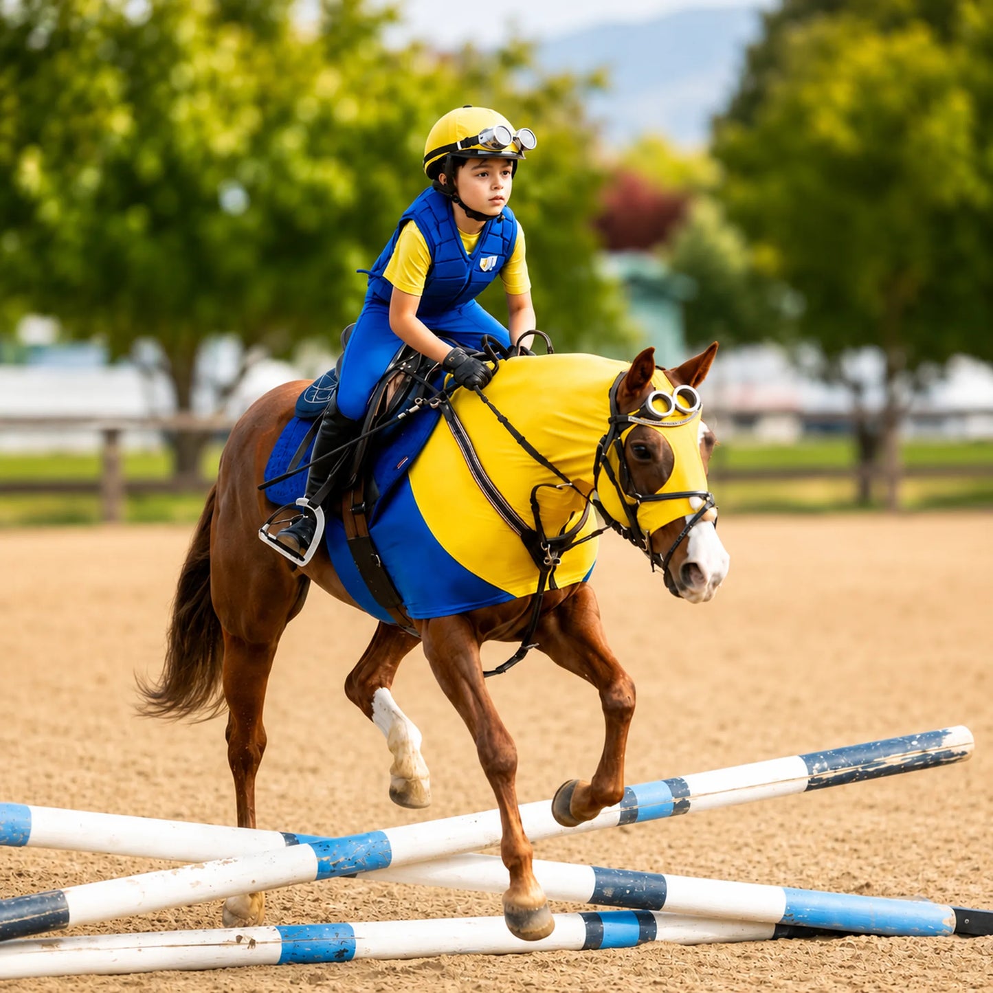 Person riding a minion costume horse sleazy over jumps in an outdoor equestrian setting