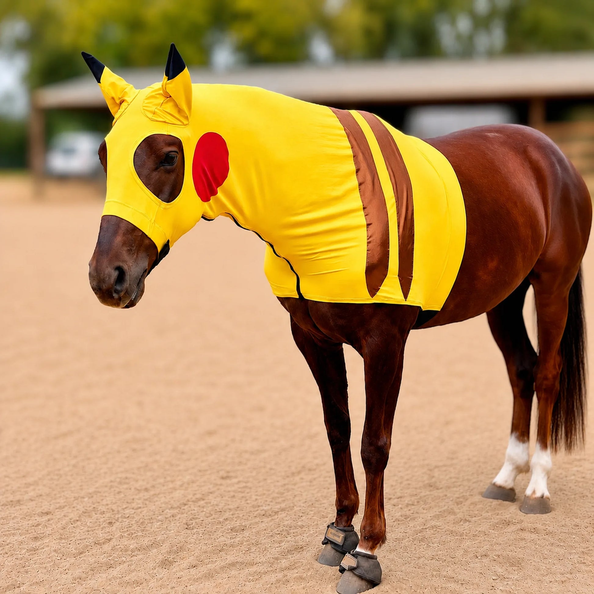 Horse wearing a yellow pikachu horse costume sleazy with red circle on a dirt ground.