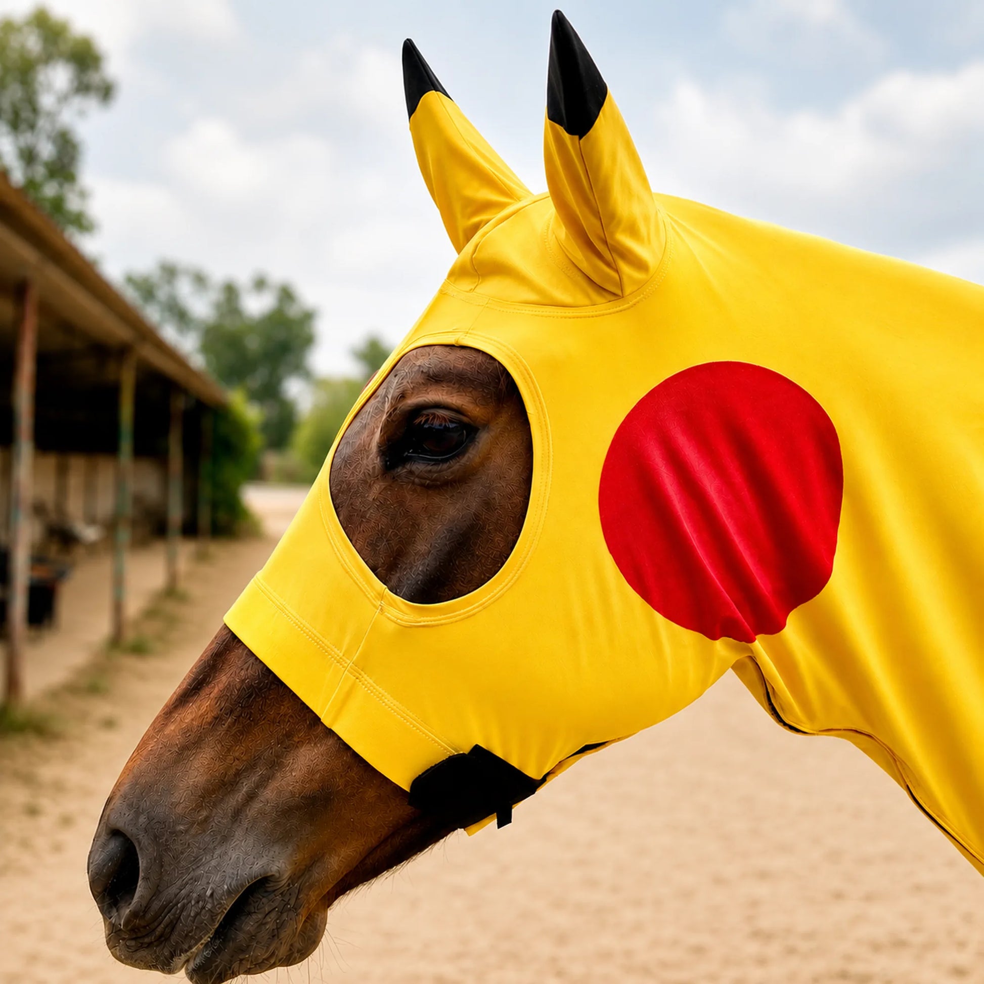 Horse wearing a yellow pikachu horse costume sleazy with a red circle on a sandy background